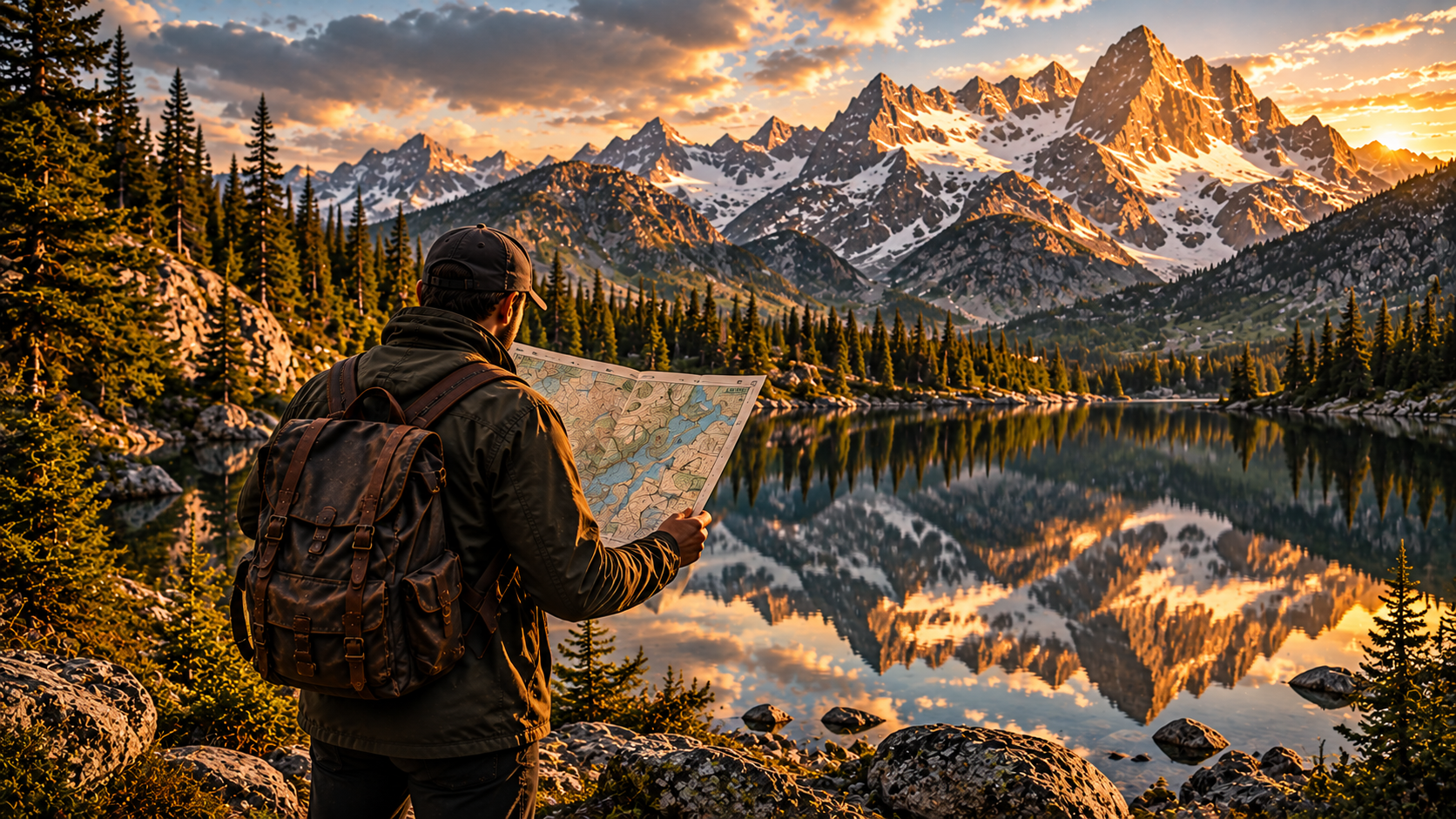 A founder studying a field map with a mountain rising beyond it