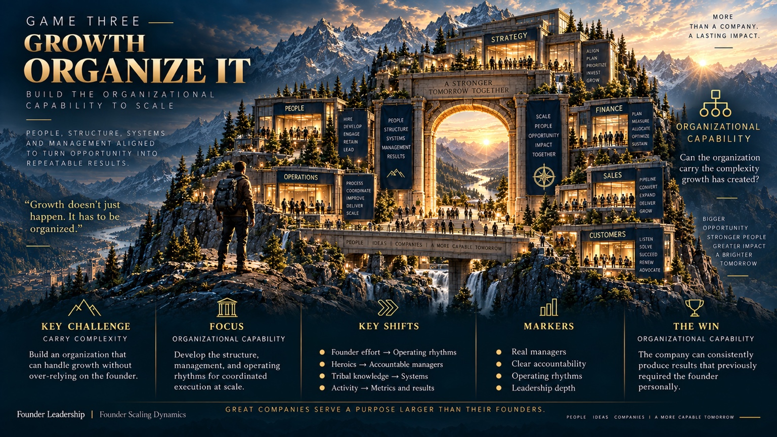 Founder overlooking a complex mountain campus with people, operations, sales, finance and strategy connected around a central gate, representing the Growth-stage task of building organizational capability.
