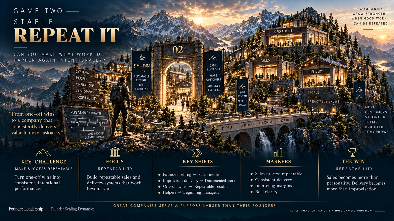Founder approaching a more developed alpine settlement and second gate, representing the Stable-stage work of turning successful sales and delivery into repeatable systems.
