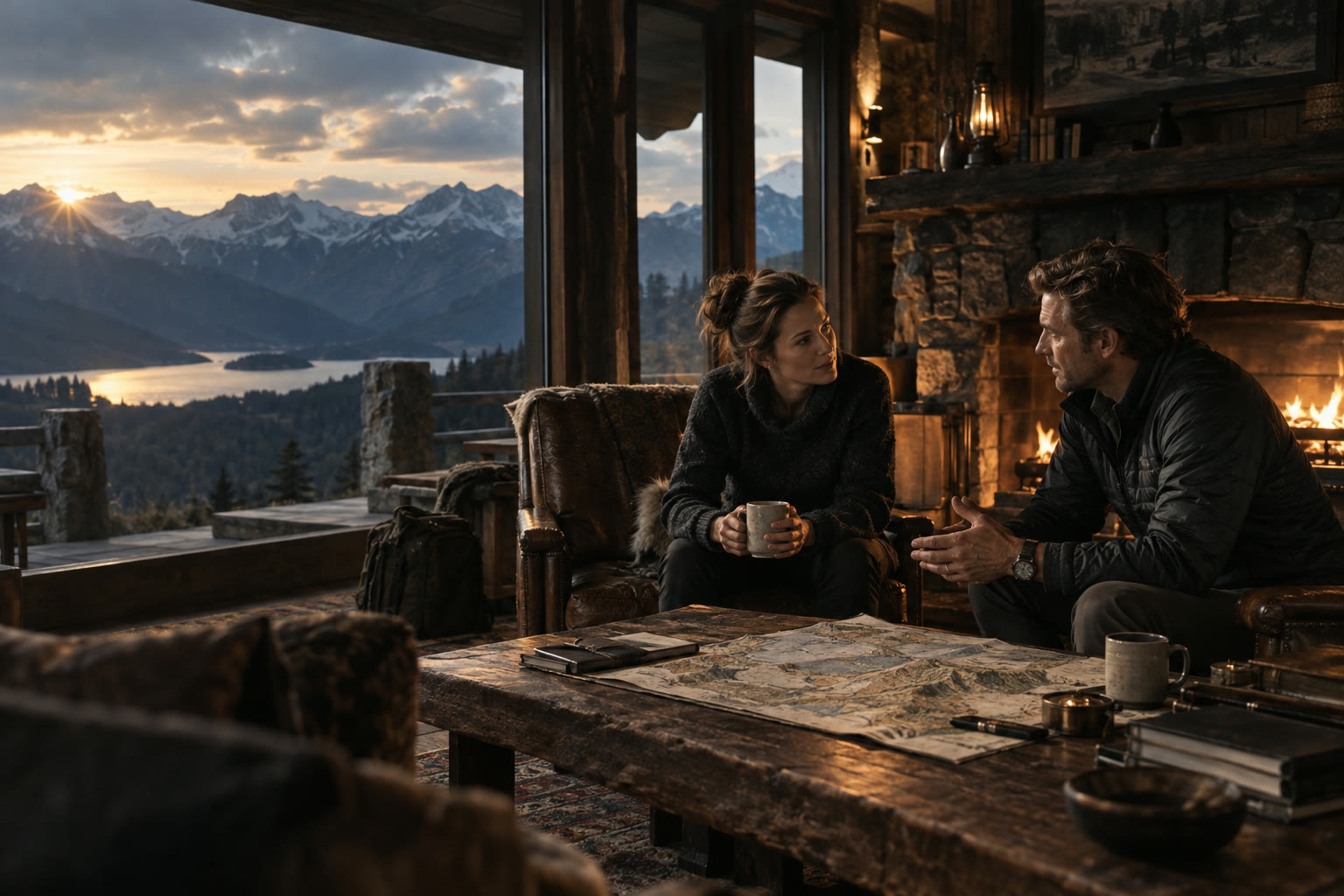 A founder reflecting inside a mountain lodge beside maps and a warm fire