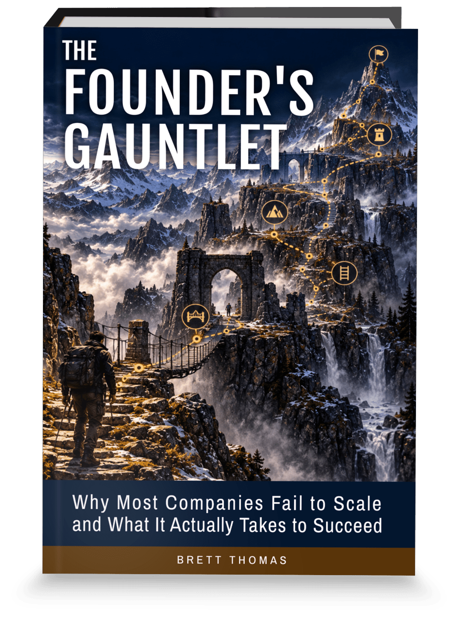 The Founder's Gauntlet book cover, a three-dimensional rendering of a dark hardcover with gold typography.