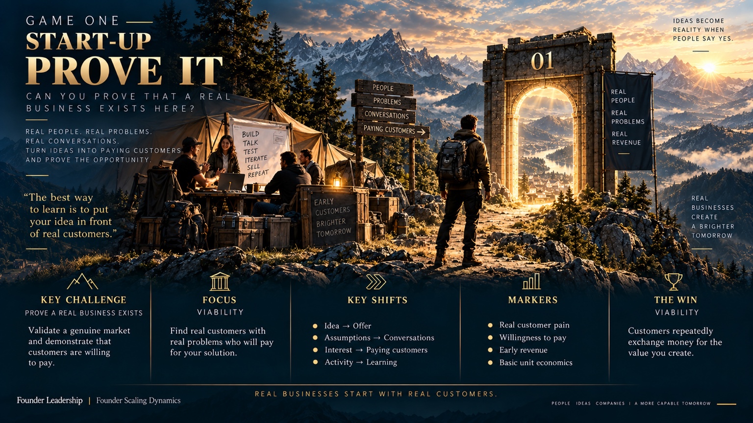 Founder at a mountain basecamp facing the first illuminated gate, representing the Start-Up game of proving viability with real customers, real problems and early revenue.