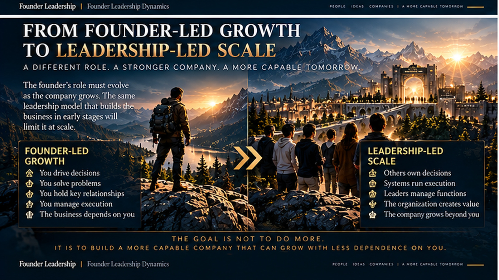 Founder moving from a founder-led mountain environment toward a leadership-led organization where teams, systems and leaders increasingly own decisions and execution.