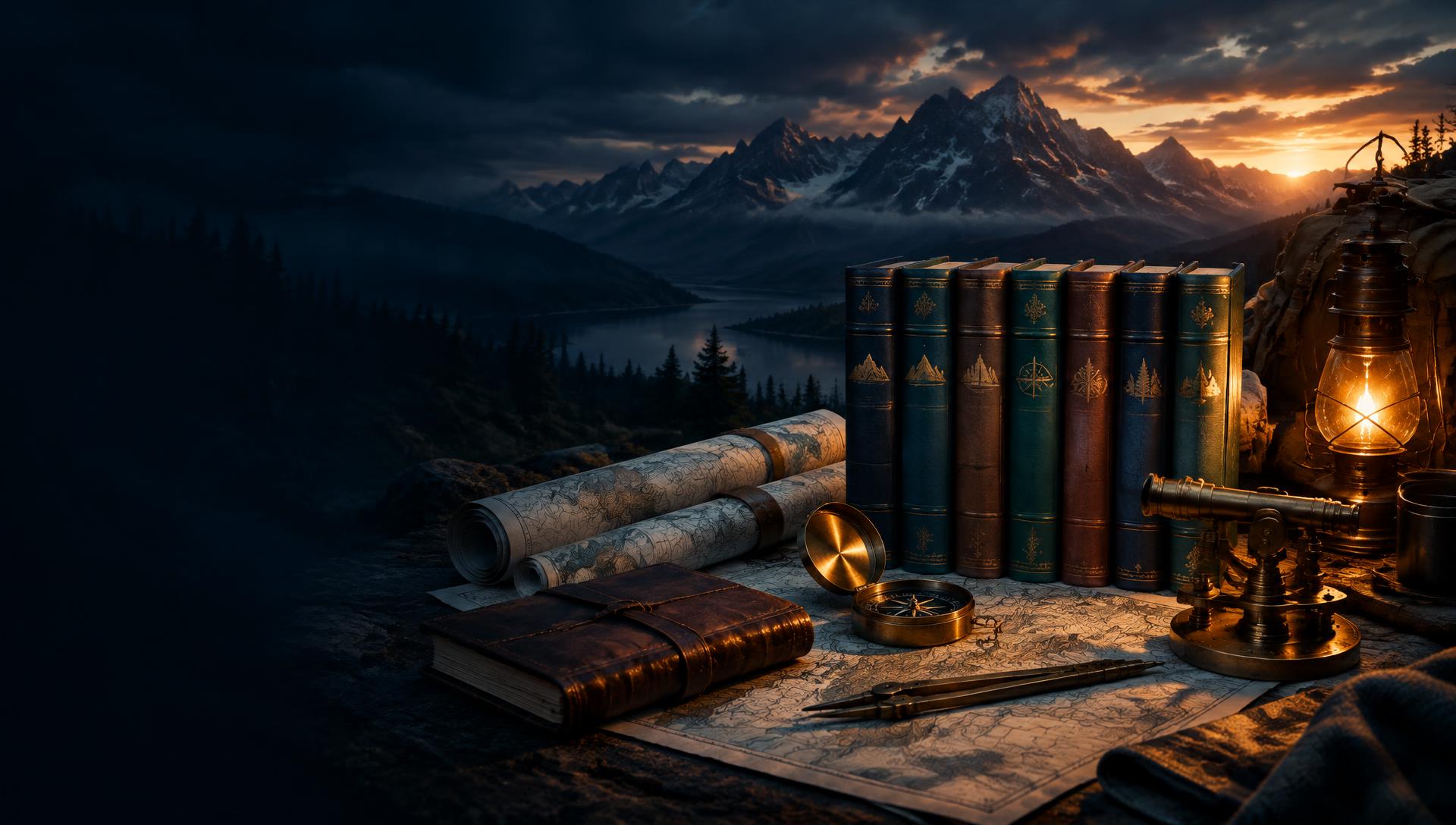 Seven books, rolled maps, a compass and a lantern on a basecamp table at dusk in the mountains