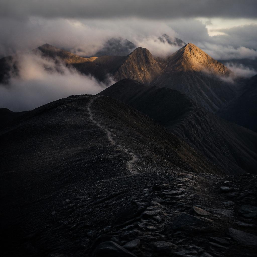A faint trail crossing a high mountain saddle at dawn, ridgelines receding into cloud